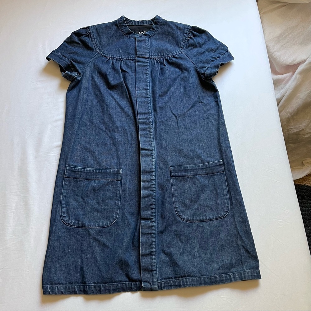 A.P.C. blue denim button up short puff sleeve mini dress